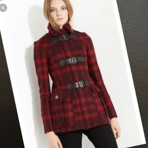 Burberry Brit Red & Black Plaid Wool Coat
